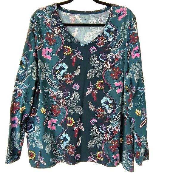 Talbots Tee Top 3X Green Multicolor Paisley Floral Cotton/Spandex Stretch Cozy - Picture 1 of 15